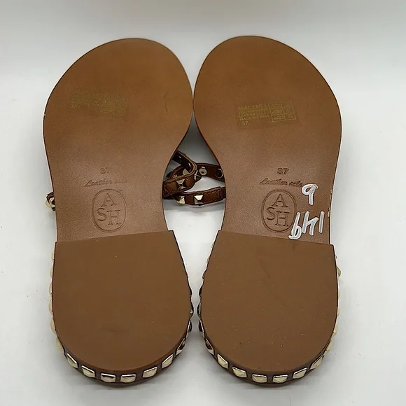 ASH Leather Brown Gold Metal Studded Flip Flop Shoes **Size 37/US Size 6.5-7** - Picture 5 of 5